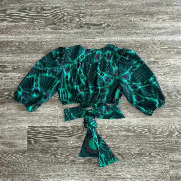 NWOT BA&SH Cally Ikat-print Gauze Crop Top Blouse In Vert Side Tie  Size Small - Picture 5 of 14